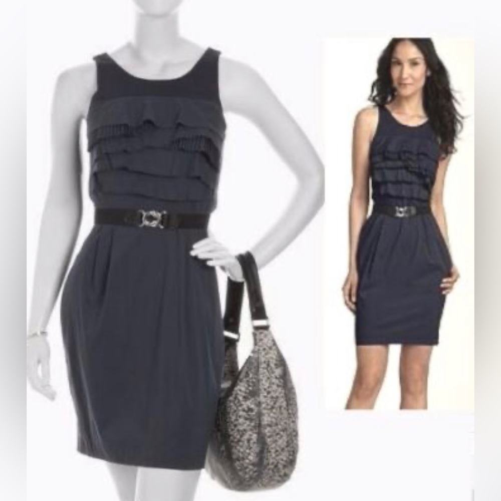 BCBG Belted Ruffle MIDI Dress